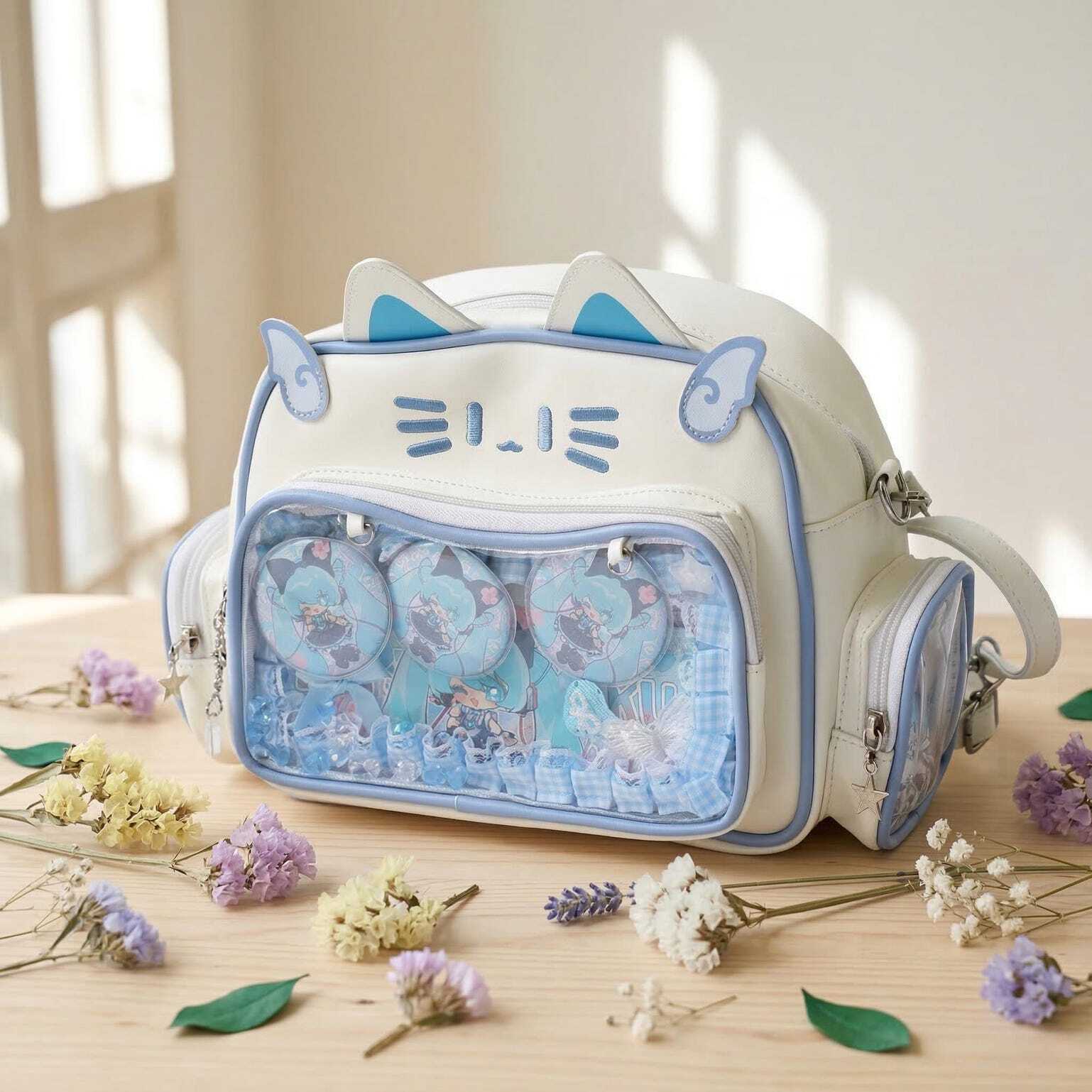 Kawaii Cat Convertible Ita Bag with Clear Window and Included Insert for Plushies and Pins Kawaii Cat Convertible Ita Bag with Clear Window and Included Insert for Plushies and Pins