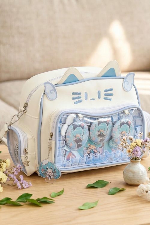 Kawaii Cat Convertible Ita Bag with Clear Window and Included Insert for Plushies and Pins