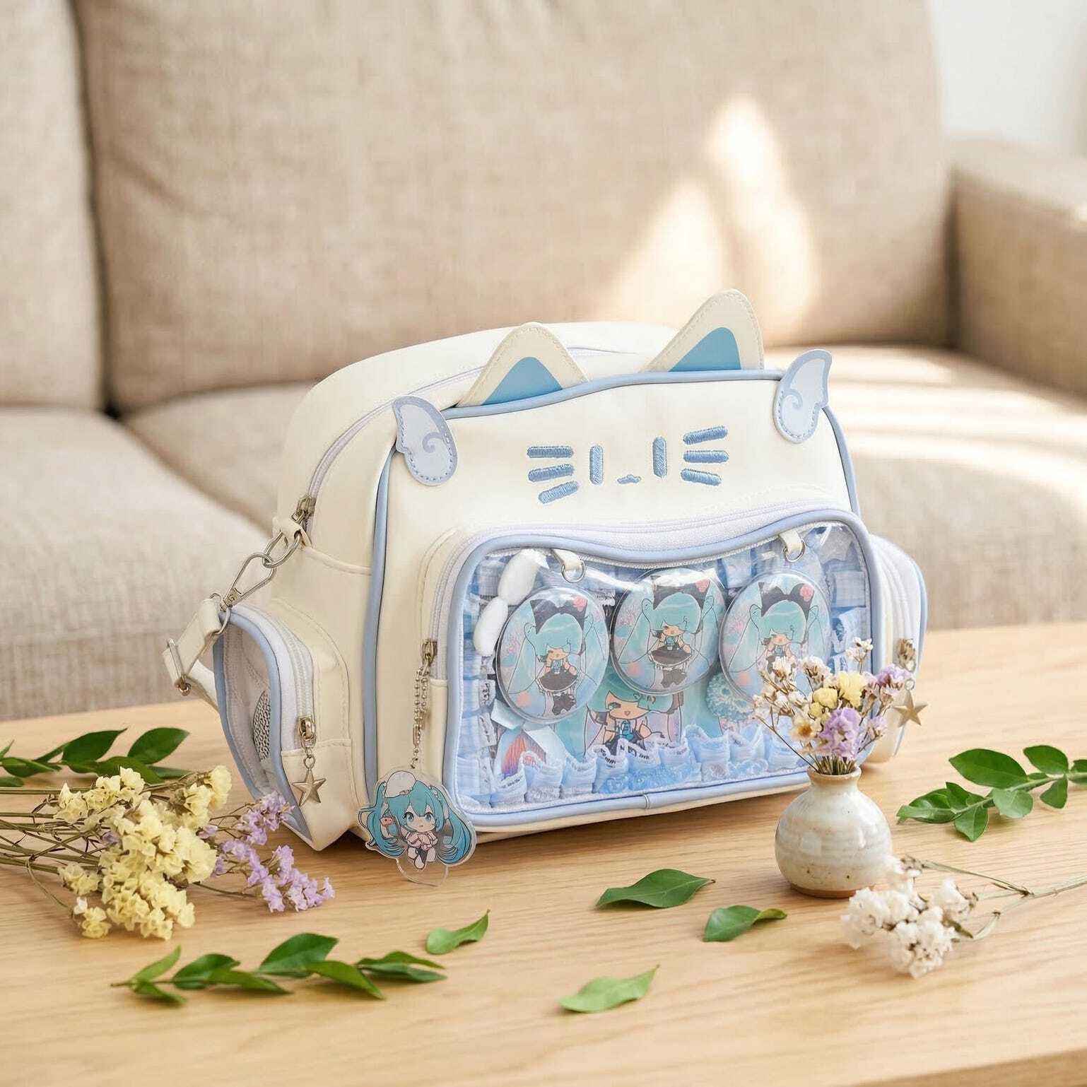 Kawaii Cat Convertible Ita Bag with Clear Window and Included Insert for Plushies and Pins Kawaii Cat Convertible Ita Bag with Clear Window and Included Insert for Plushies and Pins
