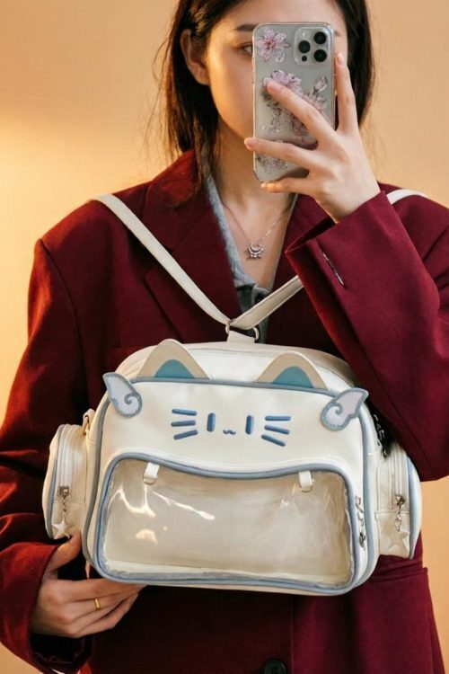Kawaii Cat Convertible Ita Bag with Clear Window and Included Insert for Plushies and Pins