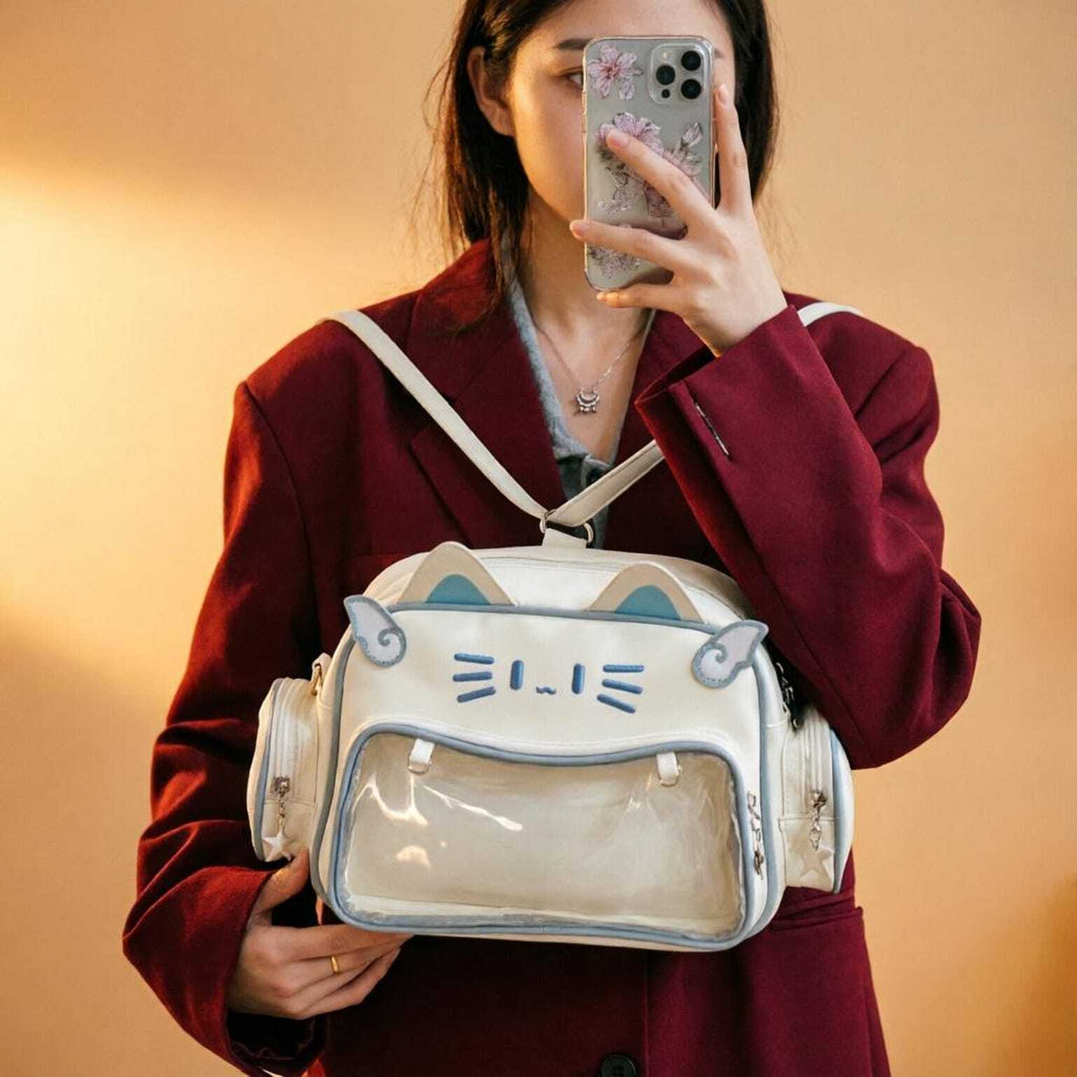 Kawaii Cat Convertible Ita Bag with Clear Window and Included Insert for Plushies and Pins Kawaii Cat Convertible Ita Bag with Clear Window and Included Insert for Plushies and Pins