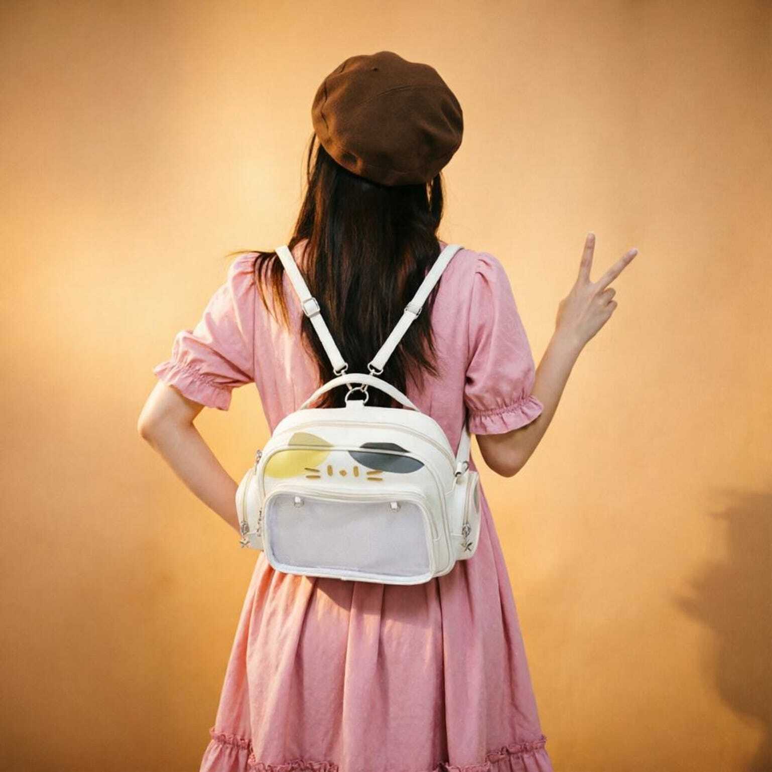 Kawaii Cat Convertible Ita Bag with Clear Window and Included Insert for Plushies and Pins Kawaii Cat Convertible Ita Bag with Clear Window and Included Insert for Plushies and Pins