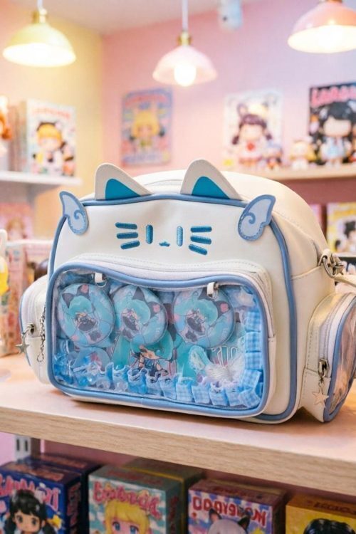 Kawaii Cat Convertible Ita Bag with Clear Window and Included Insert for Plushies and Pins