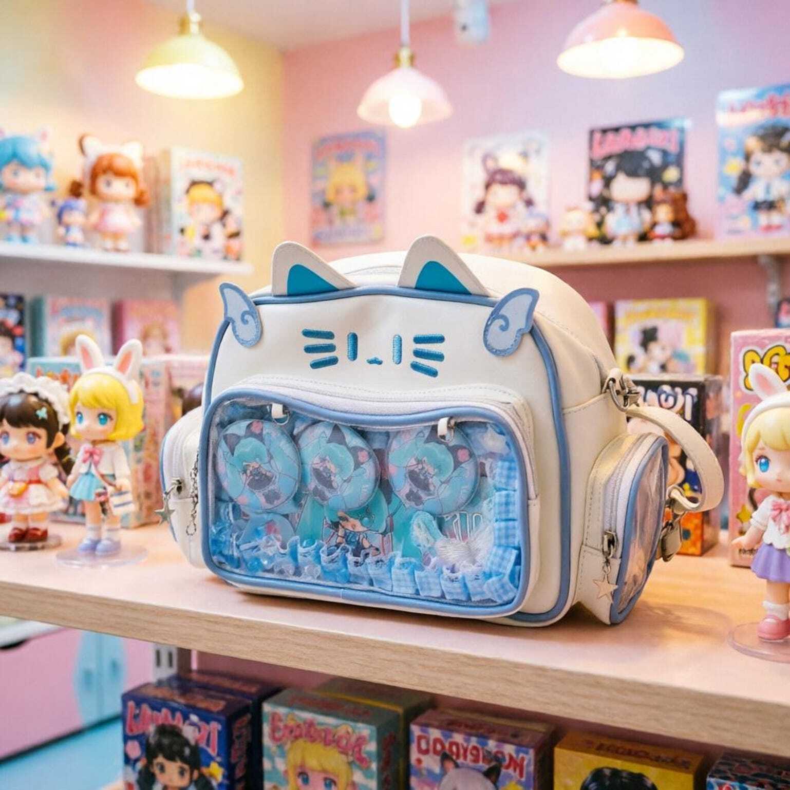 Kawaii Cat Convertible Ita Bag with Clear Window and Included Insert for Plushies and Pins Kawaii Cat Convertible Ita Bag with Clear Window and Included Insert for Plushies and Pins