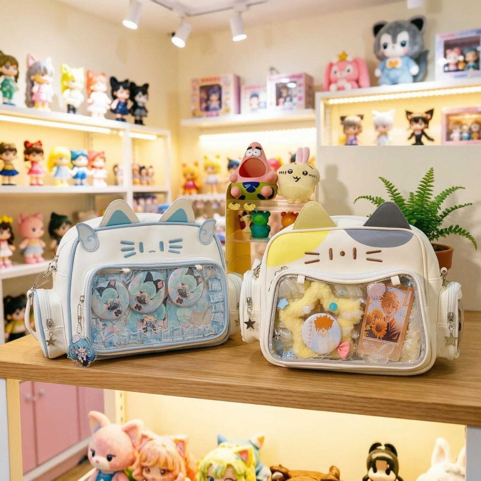 Kawaii Cat Convertible Ita Bag with Clear Window and Included Insert for Plushies and Pins Kawaii Cat Convertible Ita Bag with Clear Window and Included Insert for Plushies and Pins
