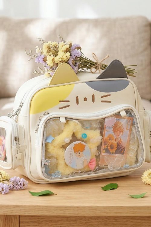 Kawaii Cat Convertible Ita Bag with Clear Window and Included Insert for Plushies and Pins