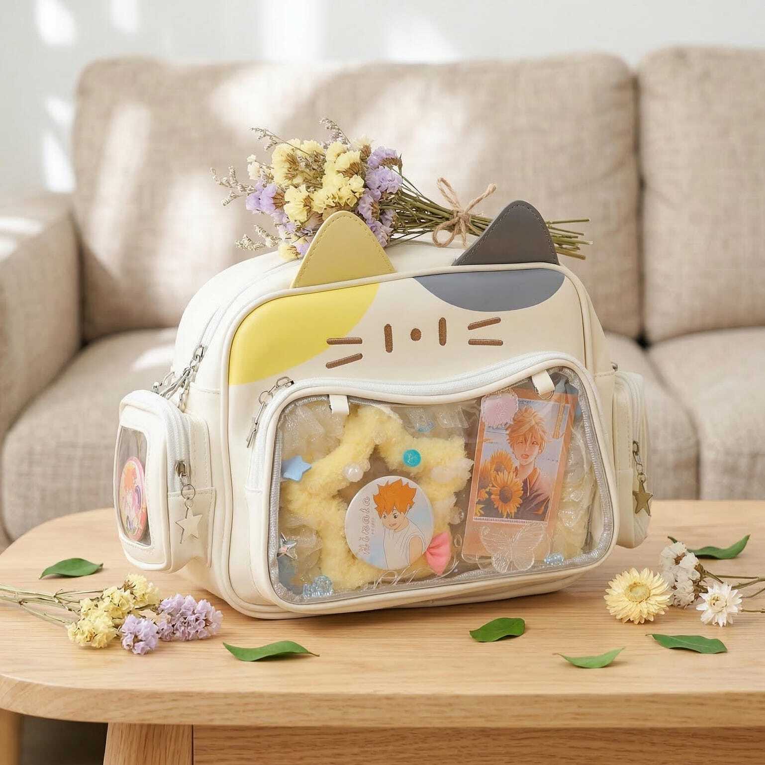 Kawaii Cat Convertible Ita Bag with Clear Window and Included Insert for Plushies and Pins Kawaii Cat Convertible Ita Bag with Clear Window and Included Insert for Plushies and Pins