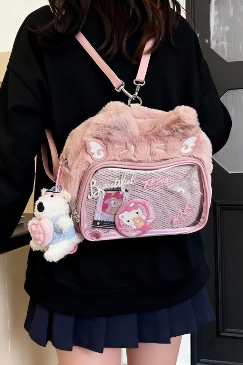 Kawaii Cat Ita Backpack with Clear Window for Plushies and Pins