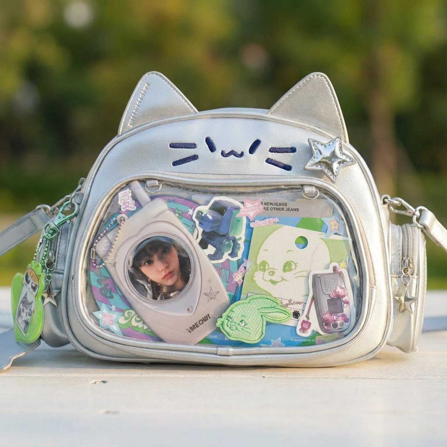 Kawaii Cat Ita Shoulder Bag with Clear Window for Photocards and Pins Kawaii Cat Ita Shoulder Bag with Clear Window for Photocards and Pins