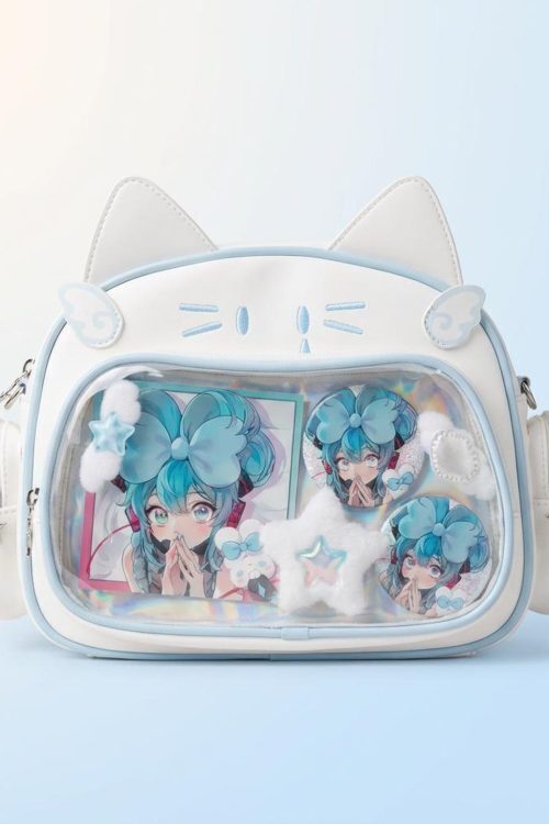 Kawaii Cat Ita Shoulder Bag with Clear Window for Photocards and Pins