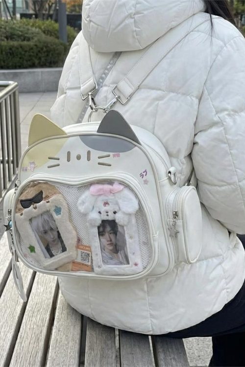 Kawaii Cat Ita Shoulder Bag with Clear Window for Photocards and Pins