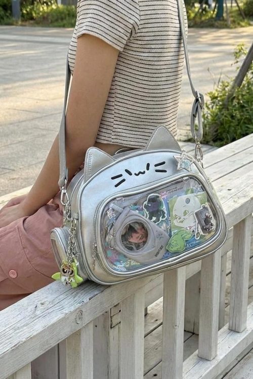 Kawaii Cat Ita Shoulder Bag with Clear Window for Photocards and Pins