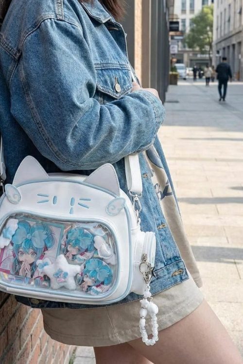 Kawaii Cat Ita Shoulder Bag with Clear Window for Photocards and Pins