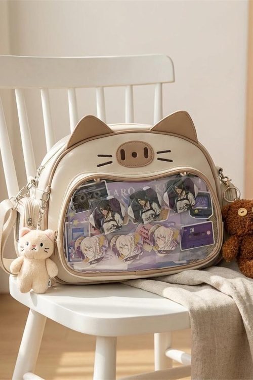 Kawaii Cat Ita Shoulder Bag with Clear Window for Photocards and Pins