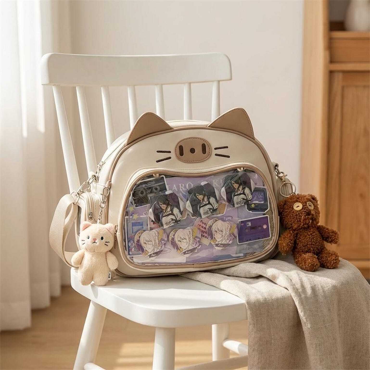 Kawaii Cat Ita Shoulder Bag with Clear Window for Photocards and Pins Kawaii Cat Ita Shoulder Bag with Clear Window for Photocards and Pins