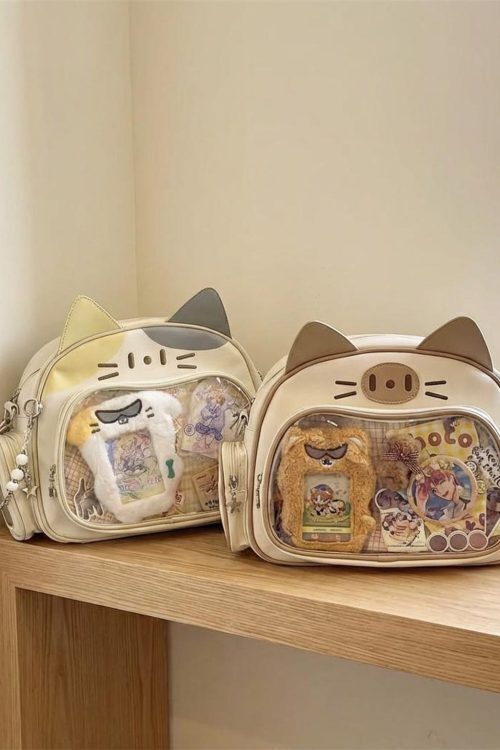Kawaii Cat Ita Shoulder Bag with Clear Window for Photocards and Pins