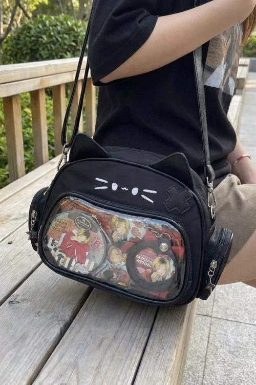 Kawaii Cat Ita Shoulder Bag with Clear Window for Photocards and Pins