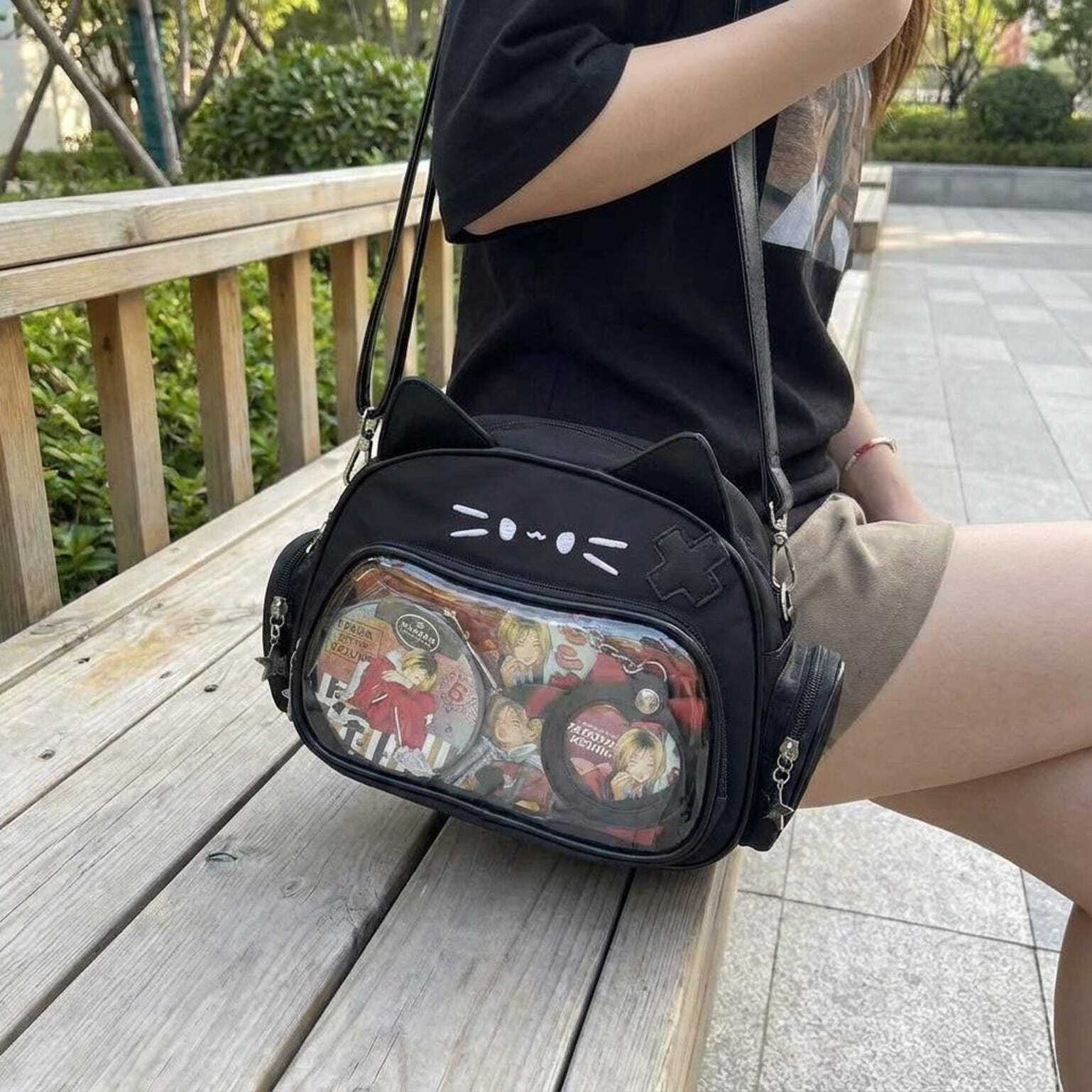 Kawaii Cat Ita Shoulder Bag with Clear Window for Photocards and Pins Kawaii Cat Ita Shoulder Bag with Clear Window for Photocards and Pins