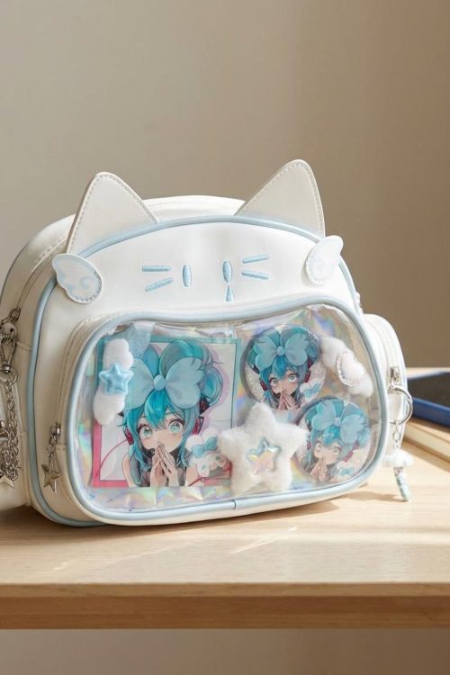 Kawaii Cat Ita Shoulder Bag with Clear Window for Photocards and Pins