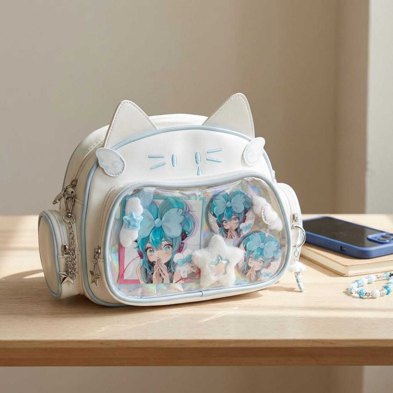 Kawaii Cat Ita Shoulder Bag with Clear Window for Photocards and Pins Kawaii Cat Ita Shoulder Bag with Clear Window for Photocards and Pins