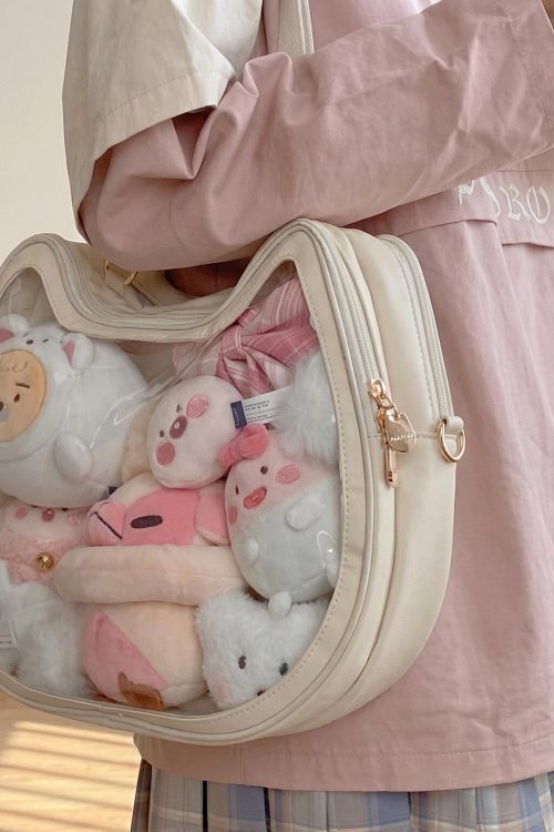 Kawaii Cat Ita Shoulder Bag with Clear Window for Plushies and Pins
