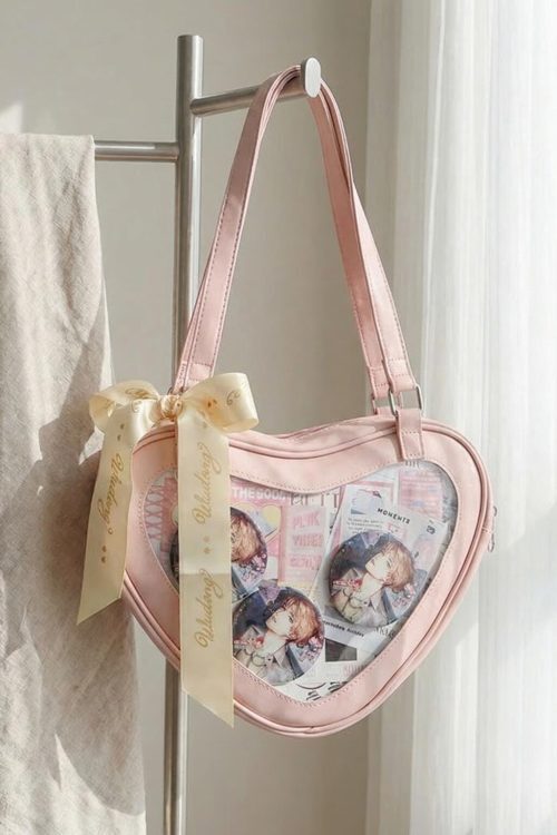 Kawaii Heart Ita Shoulder Bag with Clear Window for Photocards and Pins