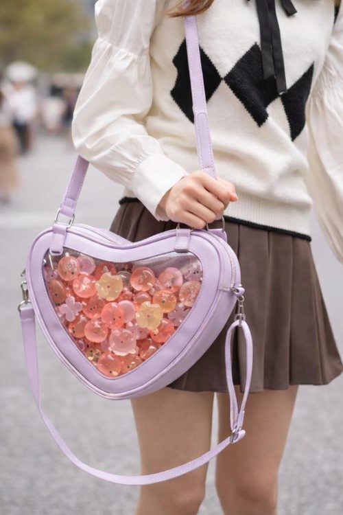 Kawaii Heart Ita Shoulder Bag with Clear Window for Pin Display