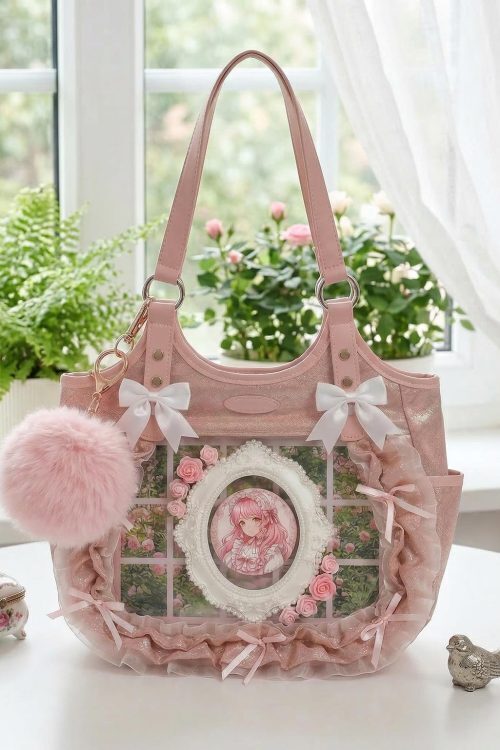 Kawaii Heart Ita Shoulder Bag with Clear Window for Pin Display