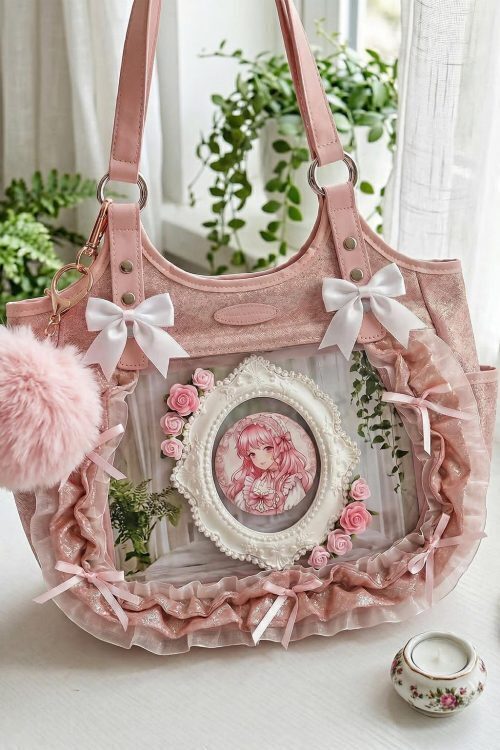 Kawaii Heart Ita Shoulder Bag with Clear Window for Pin Display