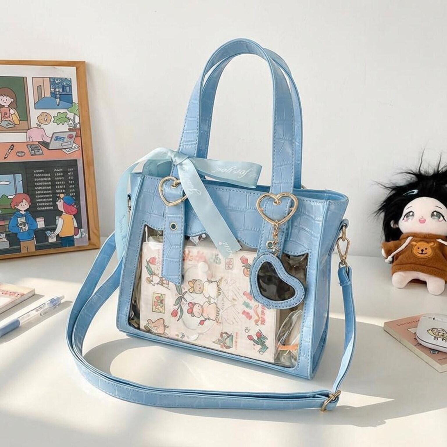 Kawaii Ita Tote Bag with Clear Window for Plushies and Pins Kawaii Ita Tote Bag with Clear Window for Plushies and Pins
