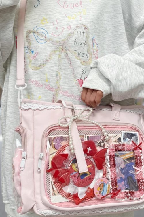 Kawaii Lace Ita Crossbody Bag with Clear Window for Plushies and Pins