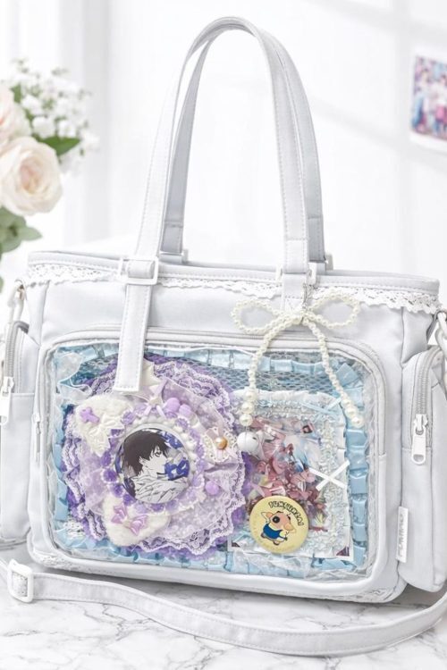 Kawaii Lace Ita Crossbody Bag with Clear Window for Plushies and Pins
