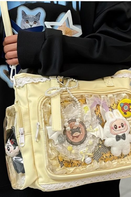 Kawaii Lace Ita Crossbody Bag with Clear Window for Plushies and Pins