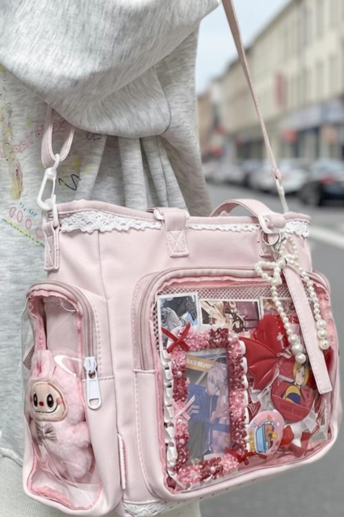 Kawaii Lace Ita Crossbody Bag with Clear Window for Plushies and Pins