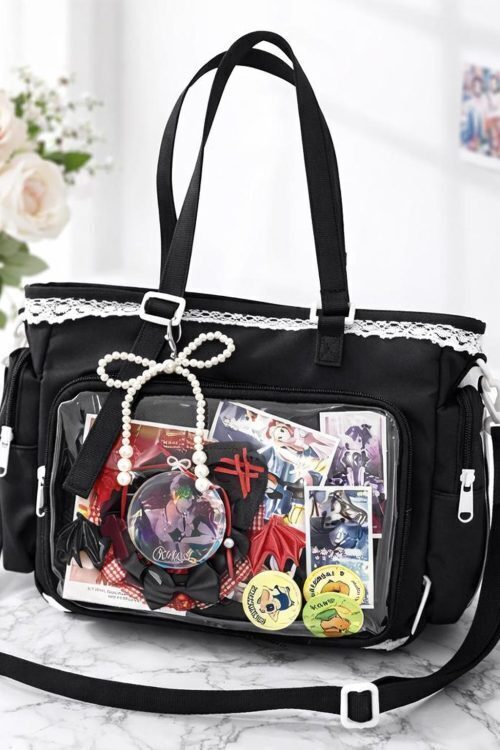 Kawaii Lace Ita Crossbody Bag with Clear Window for Plushies and Pins