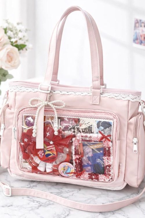 Kawaii Lace Ita Crossbody Bag with Clear Window for Plushies and Pins