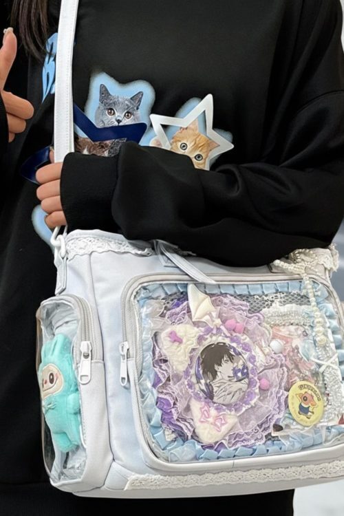 Kawaii Lace Ita Crossbody Bag with Clear Window for Plushies and Pins