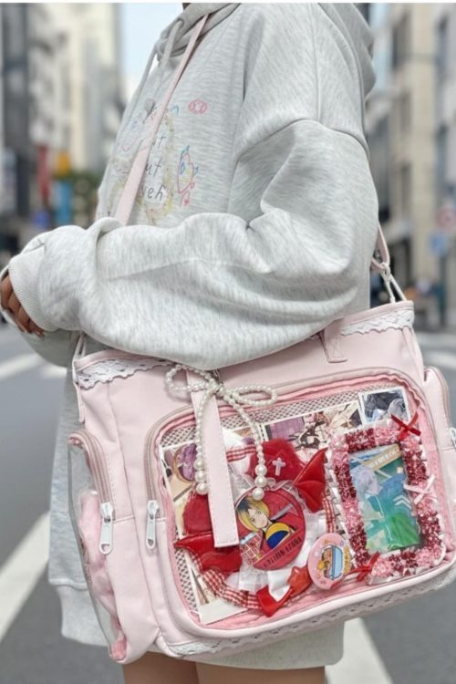 Kawaii Lace Ita Crossbody Bag with Clear Window for Plushies and Pins