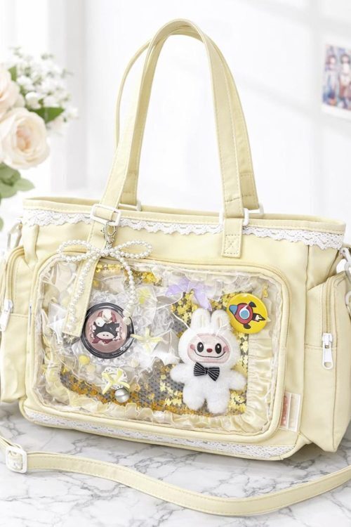Kawaii Lace Ita Crossbody Bag with Clear Window for Plushies and Pins