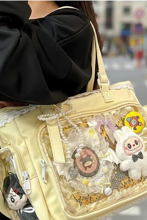 Kawaii Lace Ita Crossbody Bag with Clear Window for Plushies and Pins