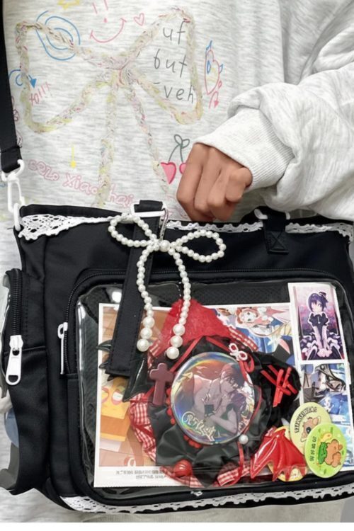 Kawaii Lace Ita Crossbody Bag with Clear Window for Plushies and Pins
