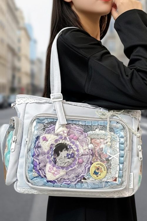 Kawaii Lace Ita Crossbody Bag with Clear Window for Plushies and Pins