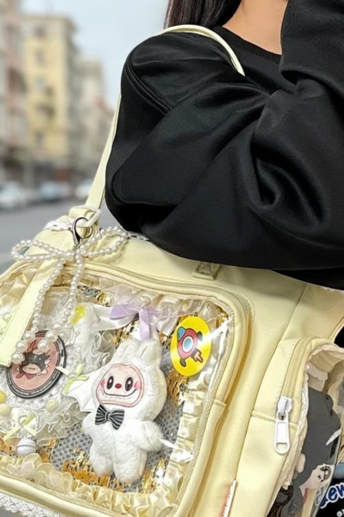 Kawaii Lace Ita Crossbody Bag with Clear Window for Plushies and Pins