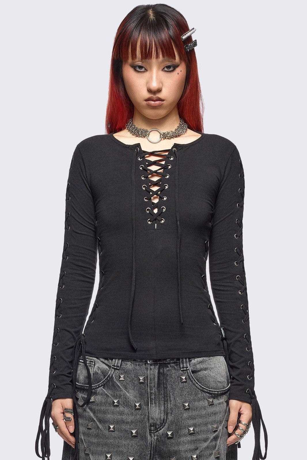 Khaela Black Lace-Up Top
