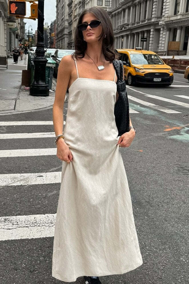 Khaki Linen Cotton Cami Loose Office Maxi Dress