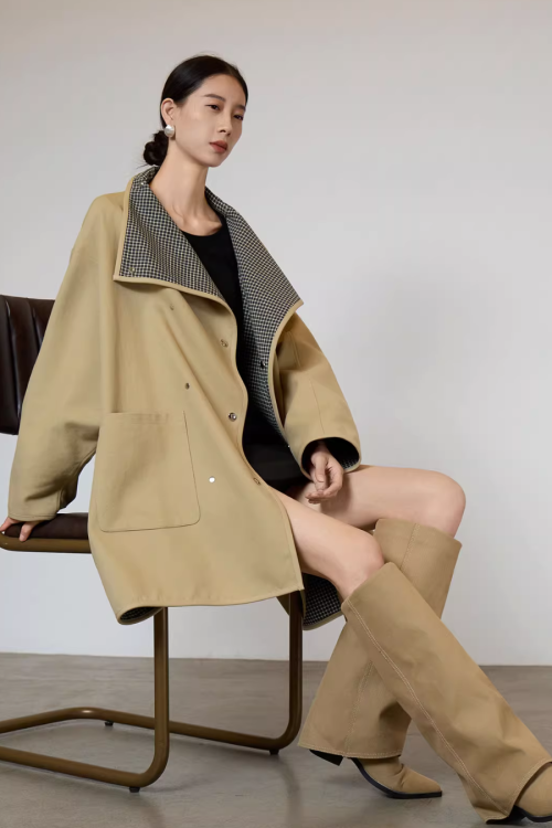 Khaki Plaid Patchwork Trench Coat