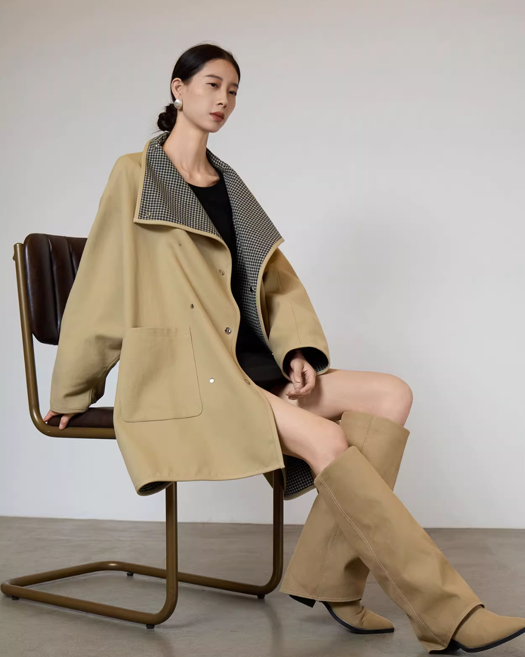 Khaki Plaid Patchwork Trench Coat Khaki Plaid Patchwork Trench Coat