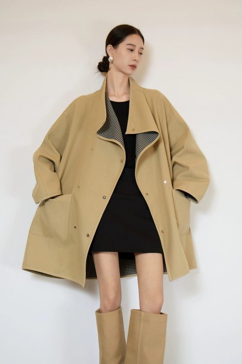 Khaki Plaid Patchwork Trench Coat