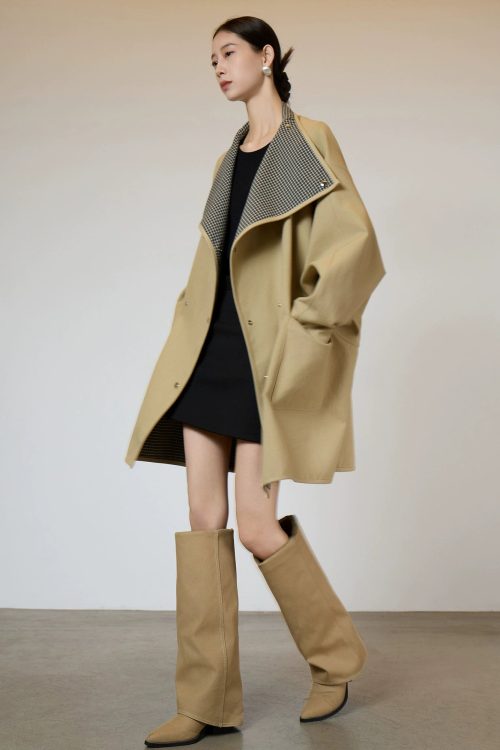 Khaki Plaid Patchwork Trench Coat