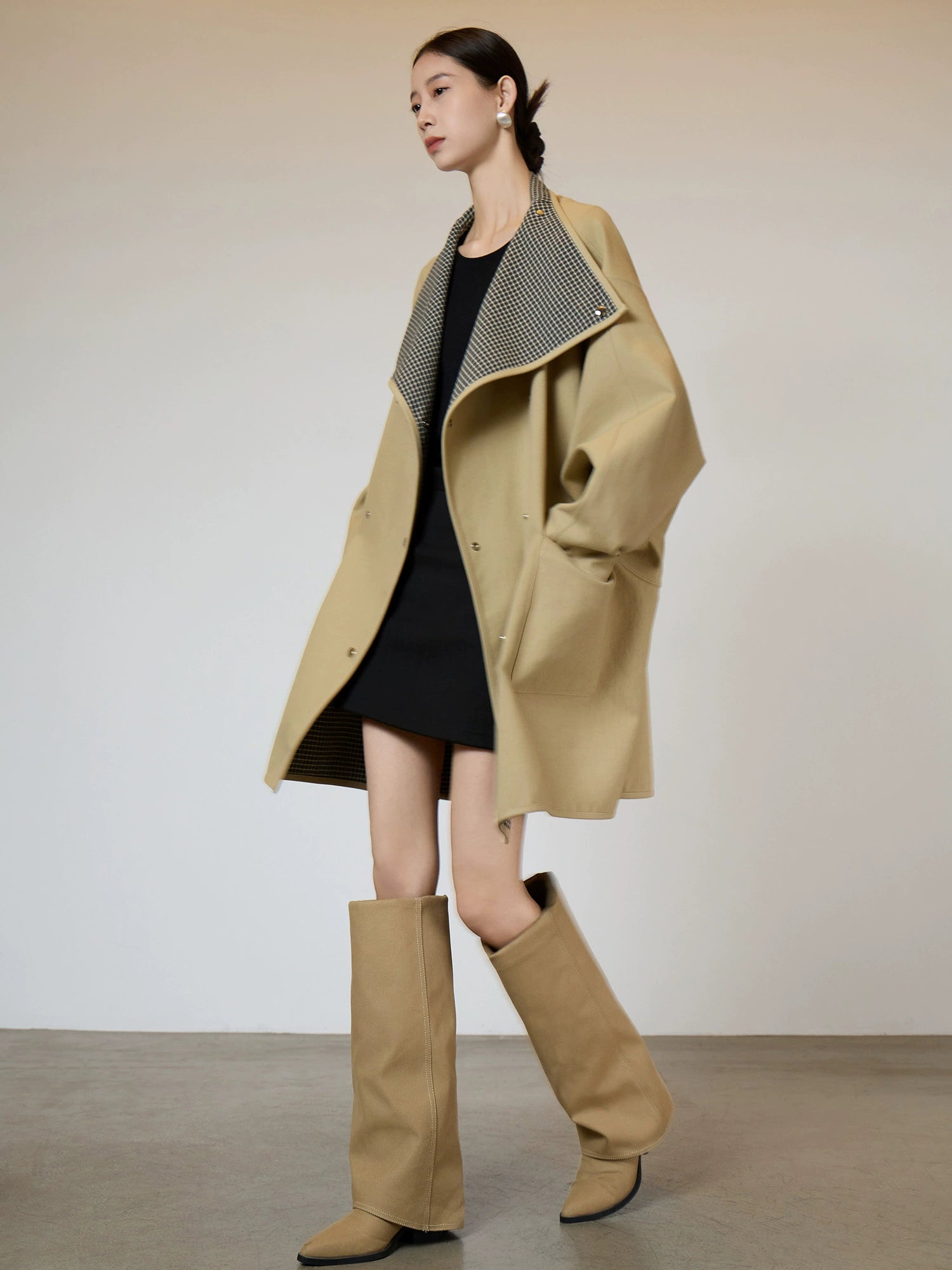 Khaki Plaid Patchwork Trench Coat Khaki Plaid Patchwork Trench Coat